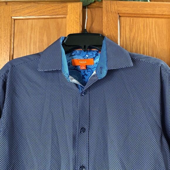 Tallia Navy Blue & White Polka Dot Button Front Paisley Flip Cuff Shirt - S - Picture 2 of 13